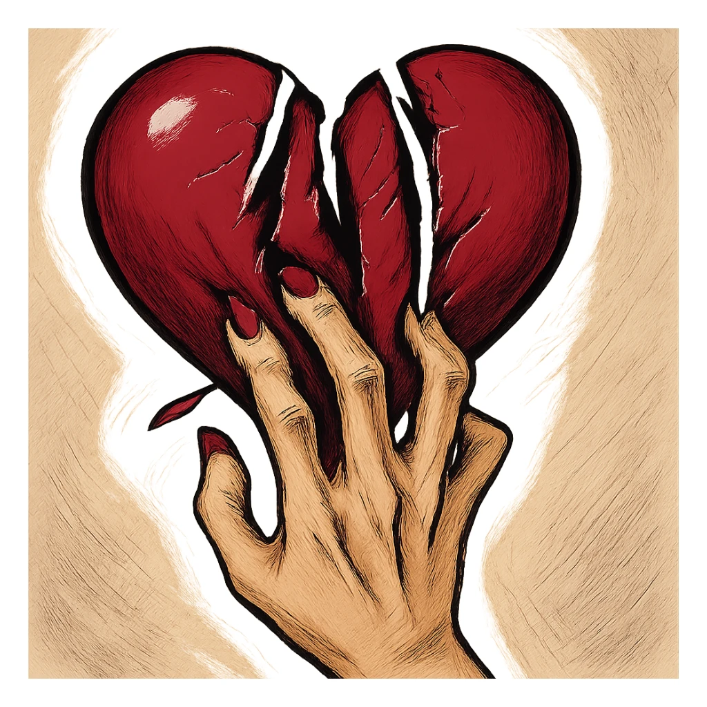 женская рука с маникюром вгоняет когти в винного цвета сердце и сильно раздирает царапает его (пальцы полусогнуты ногти вогнаны в царапины) рисованный стиль, ориентируйся на референсы по стилю и по уровню разодранности серца sticker