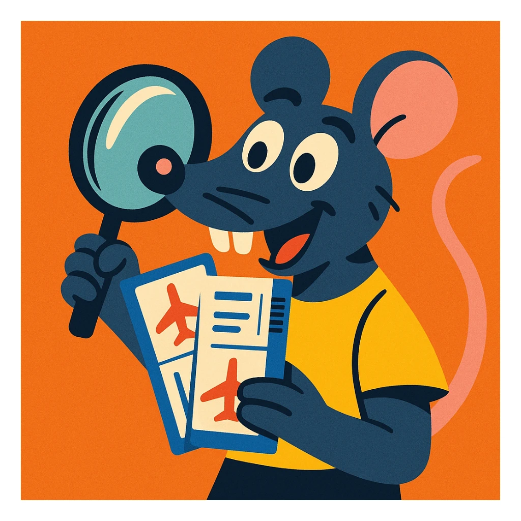 a playful style rat holding a magnifying glass and airplane tickets sticker
