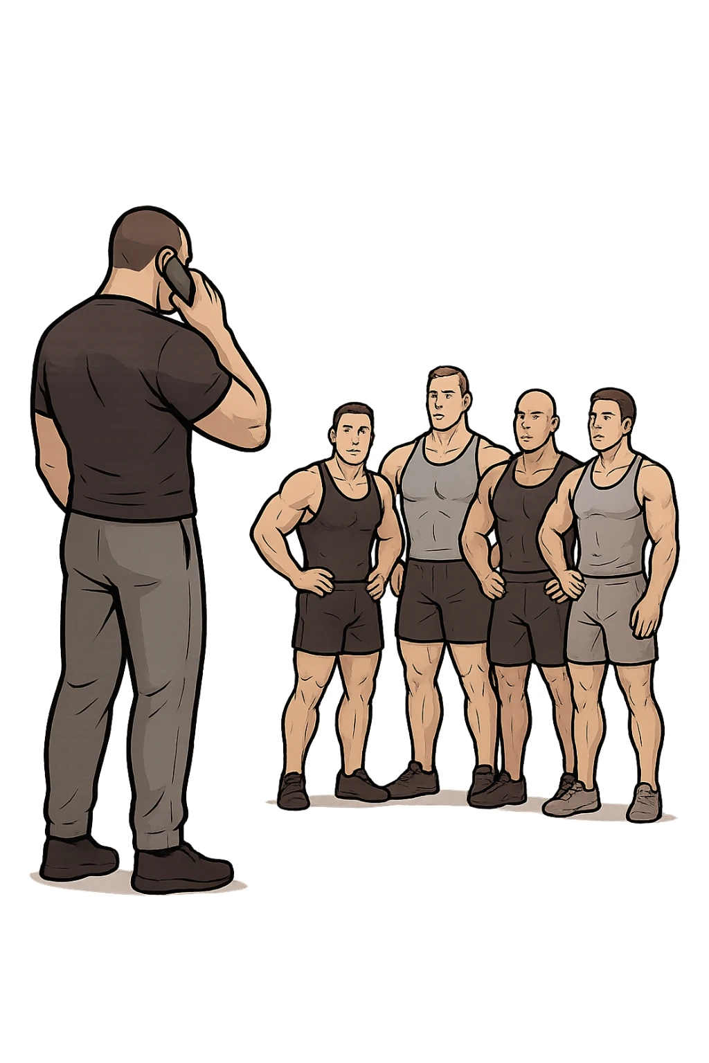 a bodybuilding coach is seen far away on the sidelines, partially turned away from the team or group, engaged in another activity (like reading, texting, or talking on the phone), while the athletes look toward them for support or instruction. The distance between coach and team is visually clear, symbolizing lack of presence. in italiano sticker