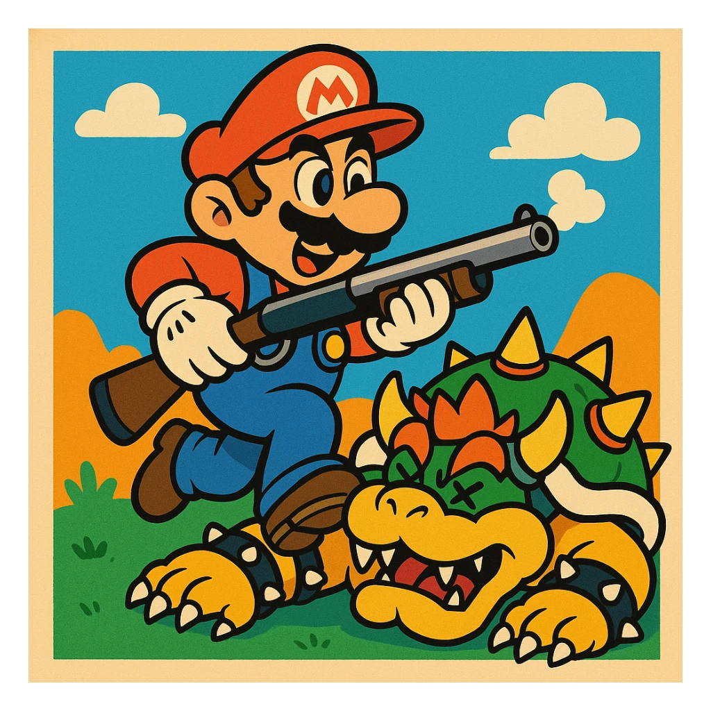 Mario holding a shotgun, Bowser defeated on the ground, dynamic action, cartoon style, vibrant colors sticker
