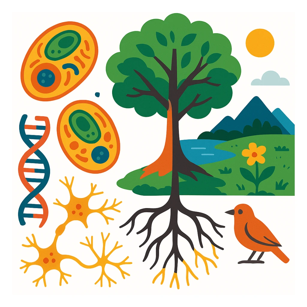 A realistic biological illustration (like in a school book) showing: DNA strands transitioning into a tree, cells with visible organelles, neurons connected to plant roots  and a balanced ecosystem background . Seamless integration, no labels or borders, complete white background (not off white!), detailed but minimalist.  sticker