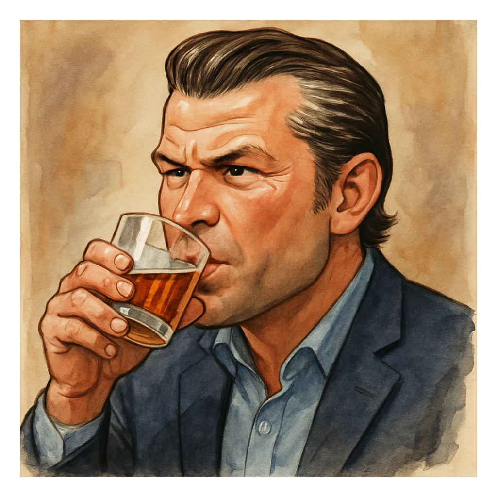 Pete Hegseth drinking alcohol, realistic cartoon style sticker