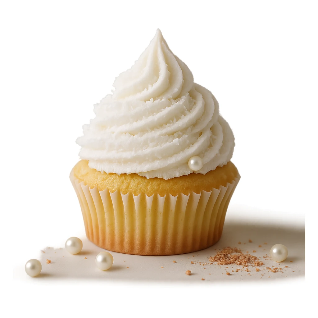 Change the icing to coconut (white, with a slightly textured or shredded coconut appearance), keep the realistic cupcake and accessories, photorealistic style, transparent background. sticker