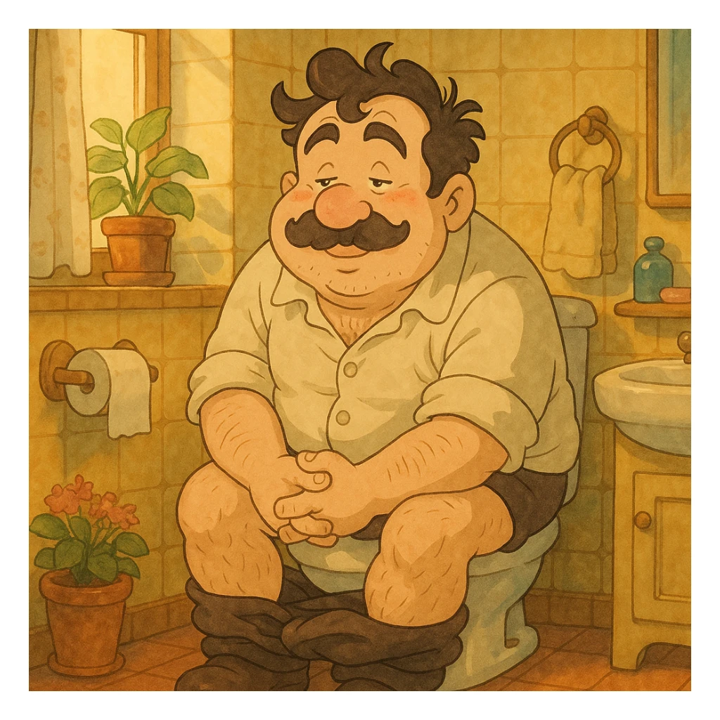 man pooping on toilet, exaggerated features, ghibli style sticker