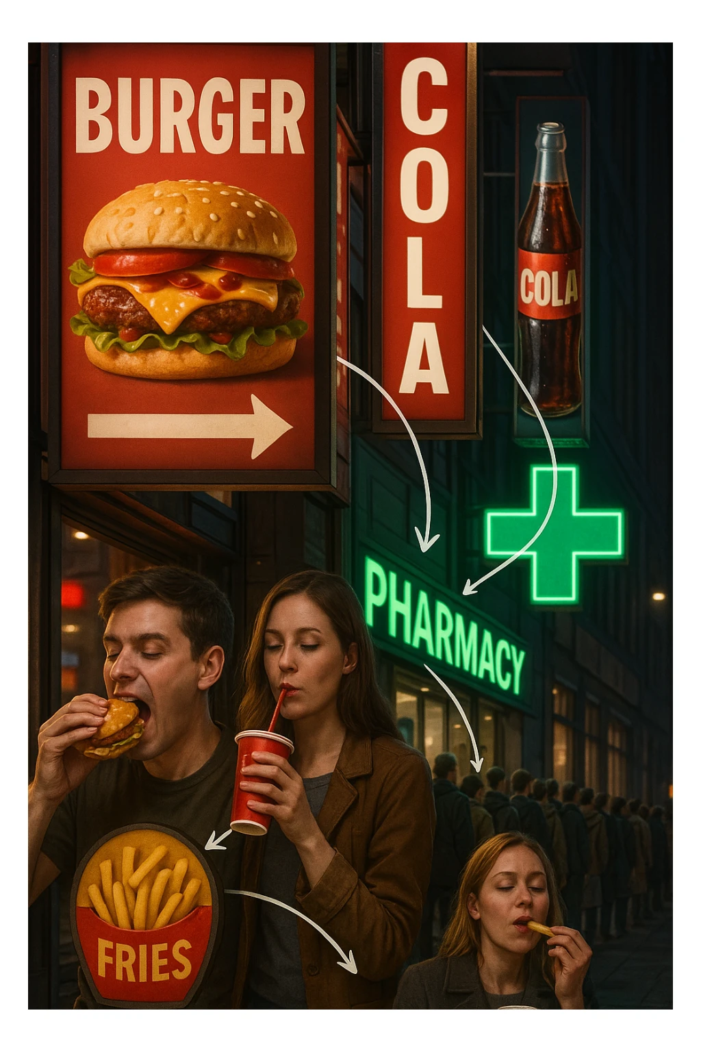 Realistic, vertical scene: a city street filled with bright, enticing advertisements for junk food and alcohol. In the foreground, people indulge in unhealthy foods and drinks, while in the background, a large pharmacy sign glows, and a line of people waits to buy medicine. Subtle arrows or visual cues connect the unhealthy choices to the need for medication, highlighting the cycle. in italiano sticker