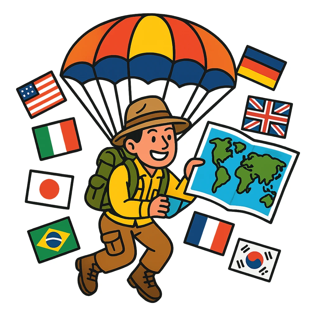 A smiling explorer parachuting with a world map, surrounded by diverse country flags, modern style, bright and vibrant colors. sticker