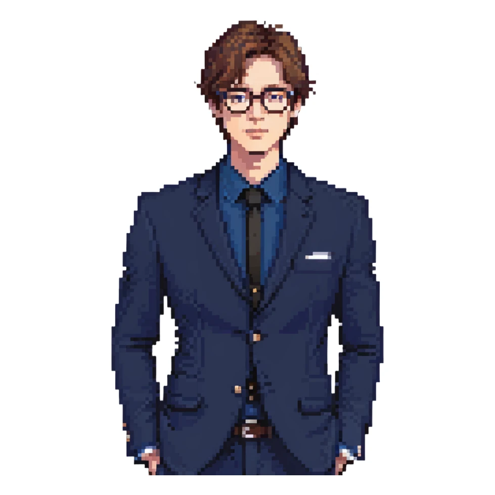 Flat pixel art, focused and reserved male architect, short sleek brown hair, wearing glasses, intense sharp eyes, wearing a deep indigo suit jacket over a black shirt, holding a blue print, waist-up, front-facing sticker
