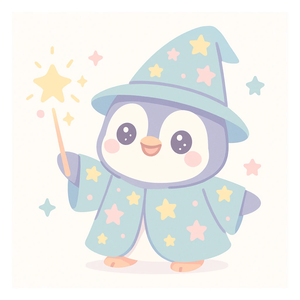 a cute penguin wizard casting a sparkling spell, wearing a starry robe and hat sticker