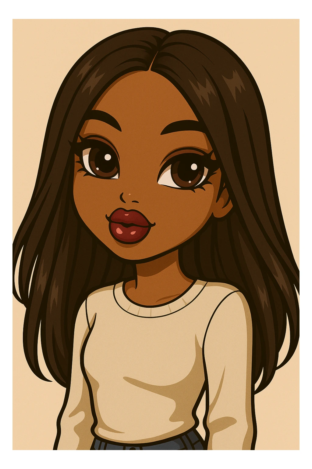 Change her expression to dreamy, headshot only, 20-year-old anime Bratz style woman with dark skin, straight hair, more casual outfit, big expressive eyes, glossy lips, no hat, no tears, looking straight ahead. The style should reflect anime Bratz aesthetics with emphasis on big expressive eyes and glossy lips. sticker