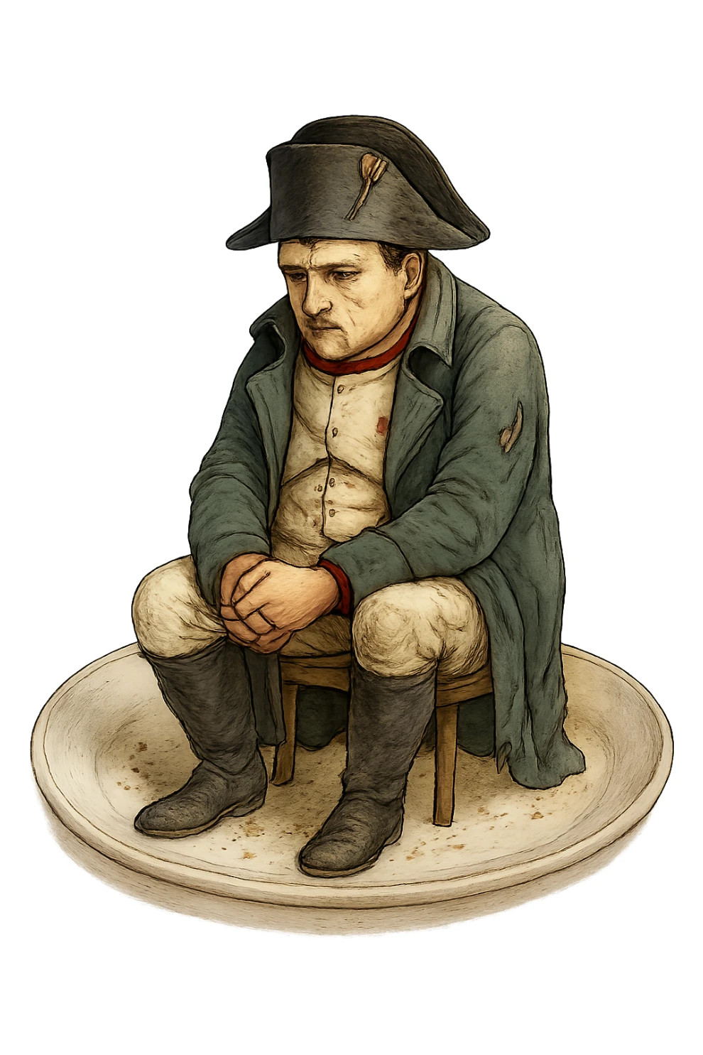 Сгенерируй мне такую же тарелку, только чтобы на ней сидел наполеон бонапарт, грустный, в чуть чуть рваной одежде. ТОРТ УБЕРИ ПОЛНОСТЬЮ. На прозрачной фоне. Наполеон должен быть цветной sticker