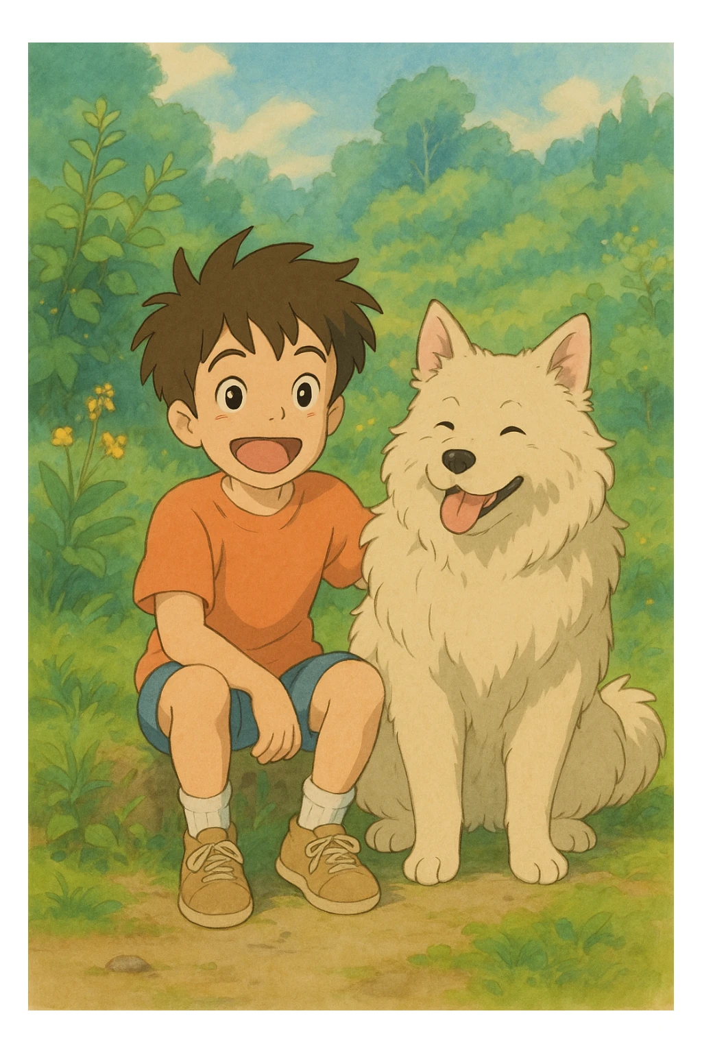 kid and his pet dog in studio ghibili style sticker