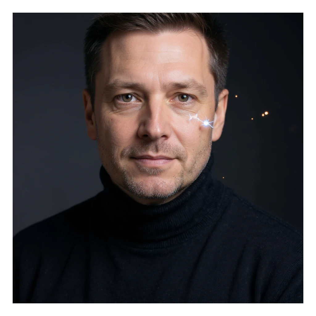 Vertical portrait, only the man's face, realistic style: relaxed expression, symbols of renewing cells or small sparks of energy near the face, atmosphere of cellular regeneration during fasting. sticker