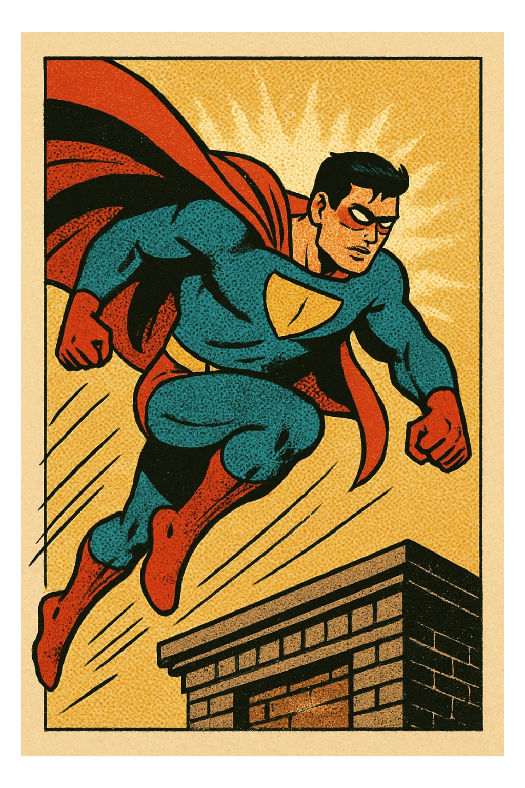 Hero leaping from a rooftop with cape trailing.
 sticker