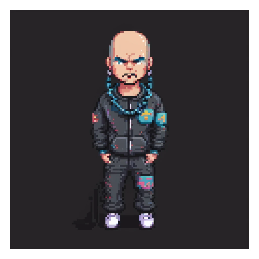 Pixel art thug in tracksuit, holding chain, bald head, angry expression, side view, retro arcade sprite
 sticker