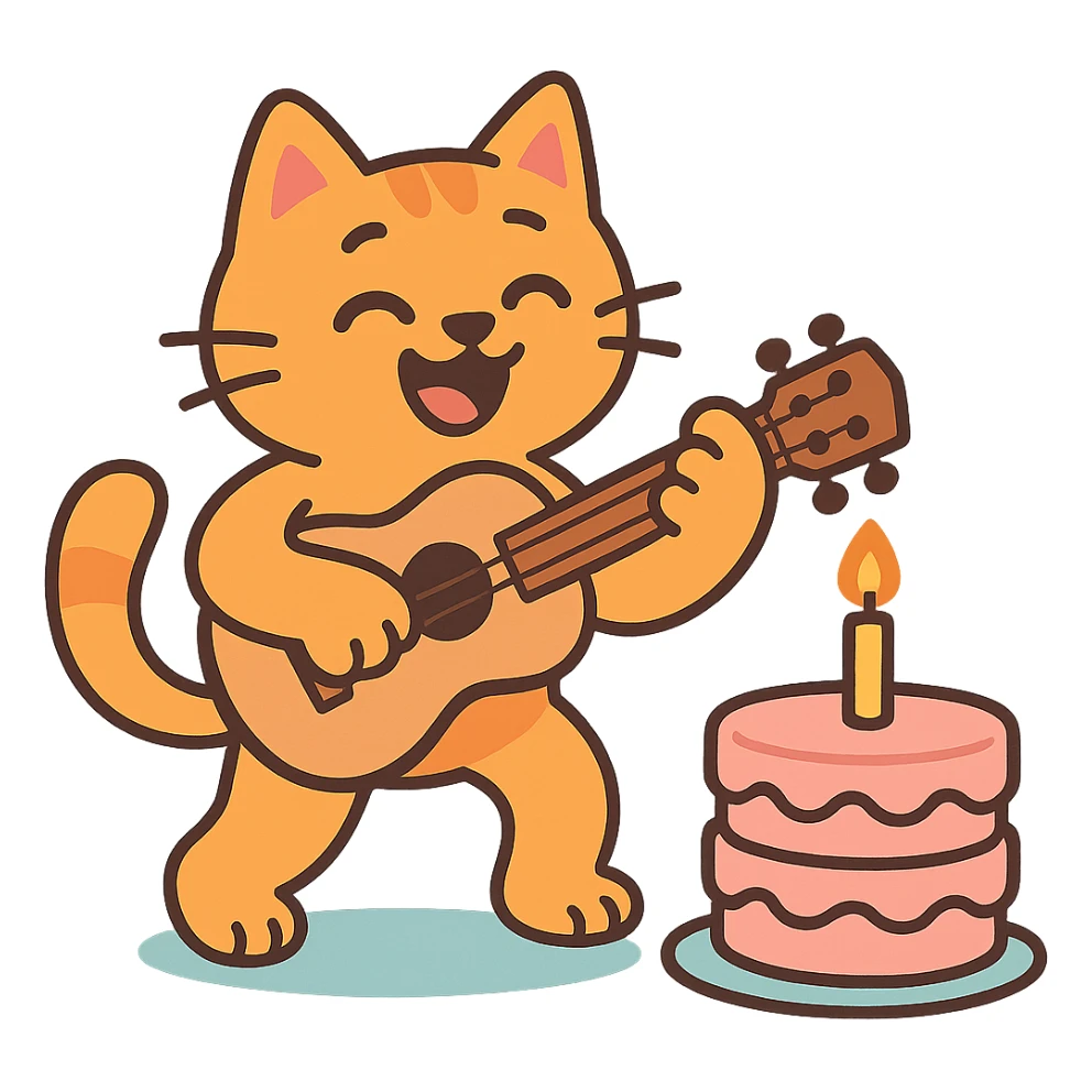 cat playing guitar next to a cake, pastel-toon style sticker