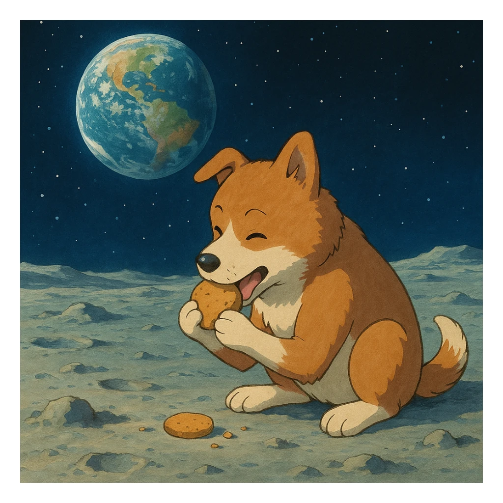 a dog eating something on the moon, ghibli style sticker