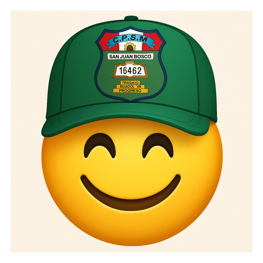 Create a happy emoji wearing a green cap with the school's insignia on the front of the cap, in classic emoji style. The style should resemble classic emojis with bright colors and simple features. sticker