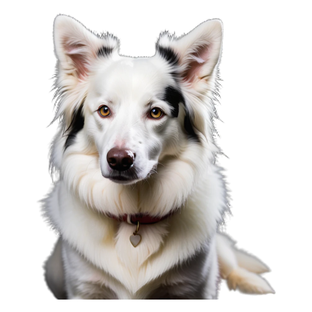 A pure white Border Collie dog sitting, with fluffy fur, alert pointed ears, and friendly expression sticker