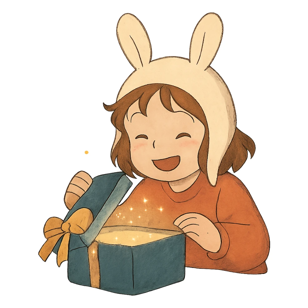 happy cutie girl in bunny hat opening a glittery gift box sticker