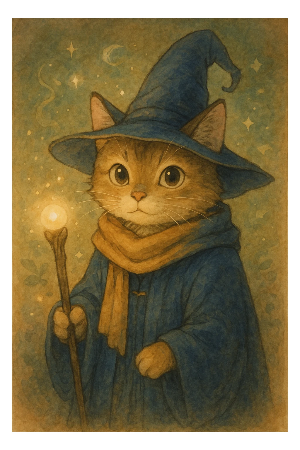 cat wizard, detailed, whimsical, soft colors, ghibli style sticker