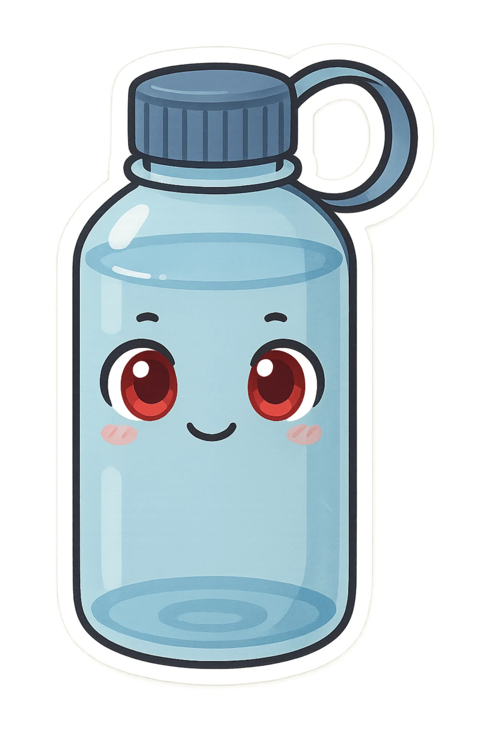A water bottle with red eyes sticker