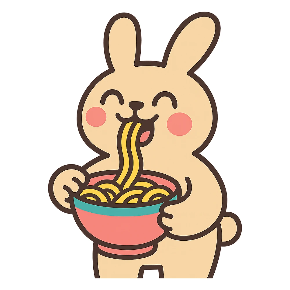 beige bunny happily slurping noodles in pastel-toon style sticker