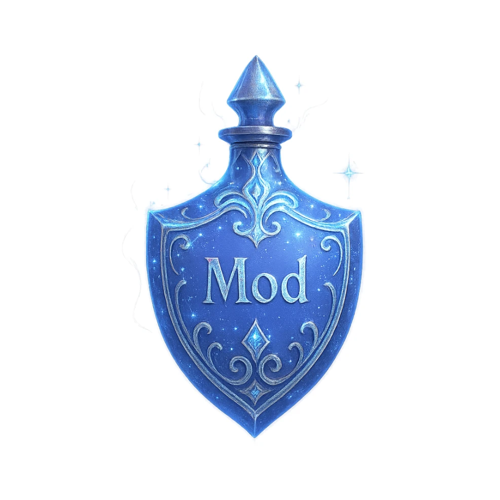 modernus prabangus eliksyro buteliukas, skydo forma, spalva #7986cb, holografiniai ir sidabriniai ornamentai, stiprūs magiški švytėjimai ir efektai, labai mažas kaklelis, skaidrus fonas, vientisas dugnas, be šešėlio, plūduriuoja ore, kolekcijos stilius, užrašas 'Mod' ant buteliuko sticker