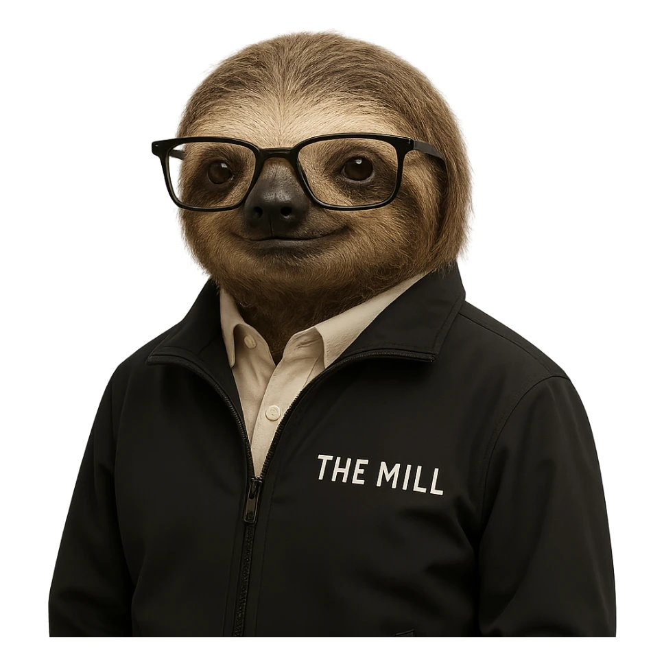 a sloth with glasses, wearing a black 'The Mill' branded jacket, exuding technical expertise and business acumen sticker