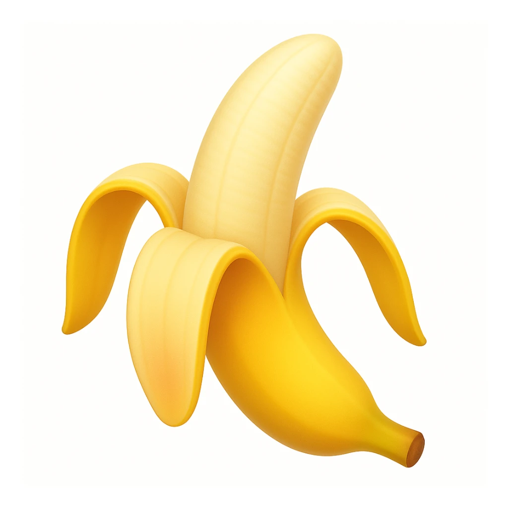 Make a banana emoji exactly like the reference image, in iOS emoji style. Peeled banana, realistic shape, bright yellow, smooth and shiny. Add a slight blush to the peel. The style should resemble the iOS emoji style. sticker