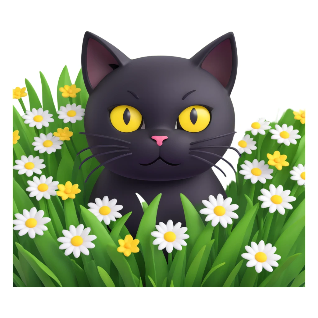 black cat with big yellow eyes peeking out from green grass, a white flower on its head, surrounded by small white and yellow flowers, highly three-dimensional, playful and cute, 3D iOS 18 style sticker
