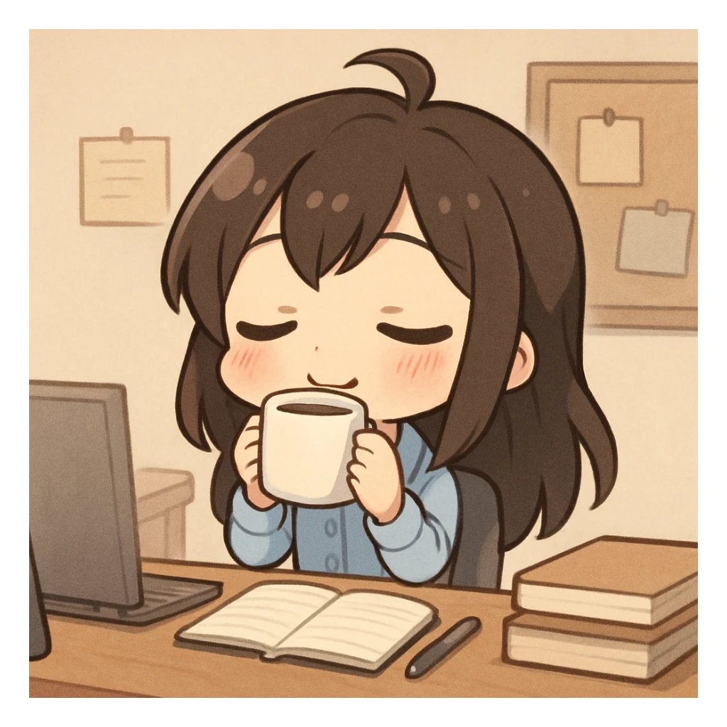 chibi girl enjoying coffee at her work desk, relaxed vibe, chibi style sticker