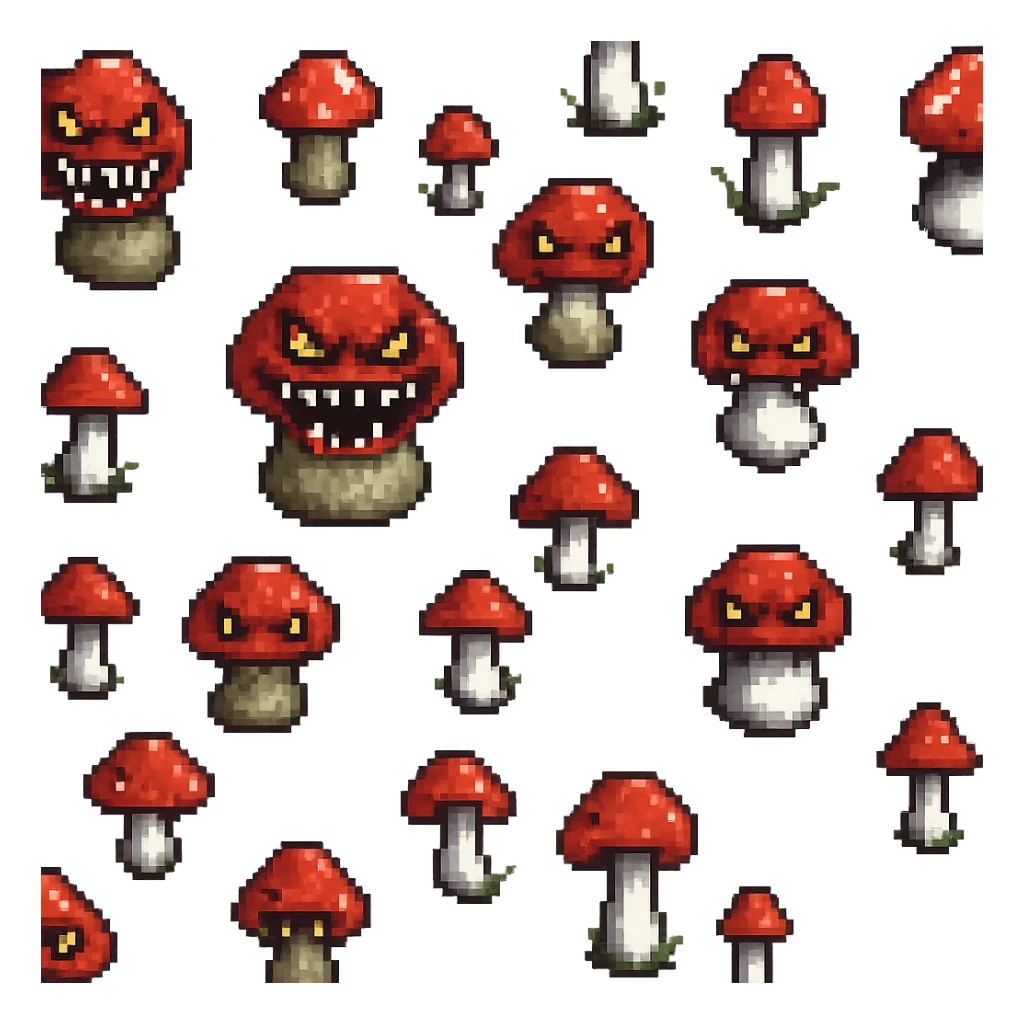 Make the dangerous red-capped mushroom look scarier by adding fangs or a creepy face. Keep the pixel art style and no background. sticker