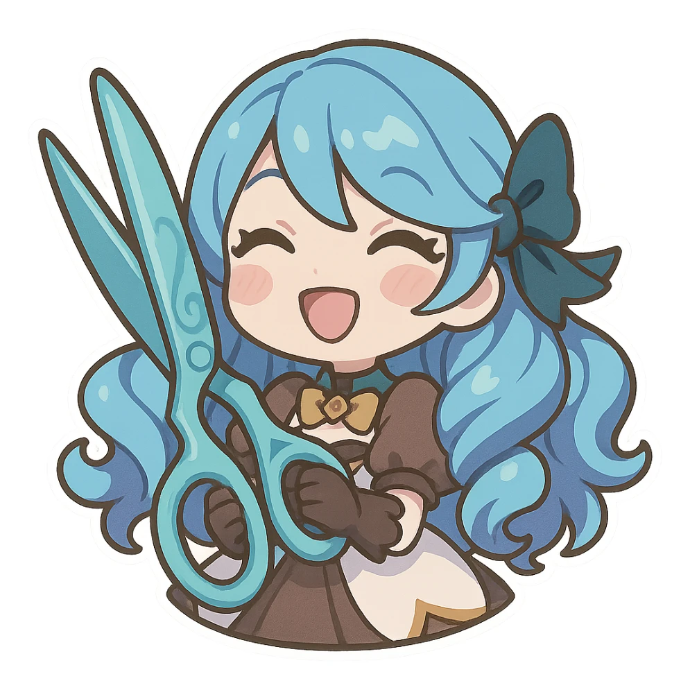 Gwen from League of Legends, chibi style, happy emote, oversized scissors, blue hair, cute doll-like expression sticker