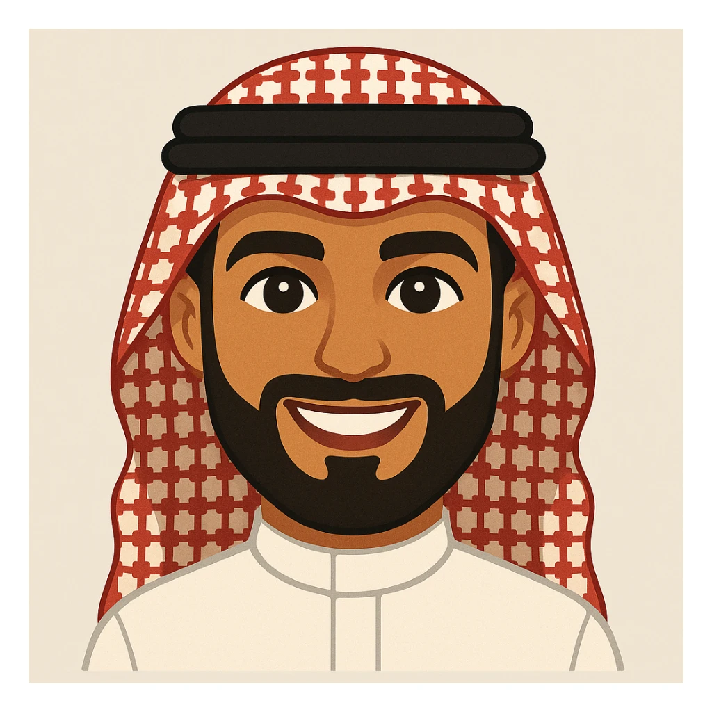 Create an emoji-style Saudi man with sharp features, wearing a white thobe and a red shemagh, with a wide beard and a friendly expression, inspired by the reference images. sticker