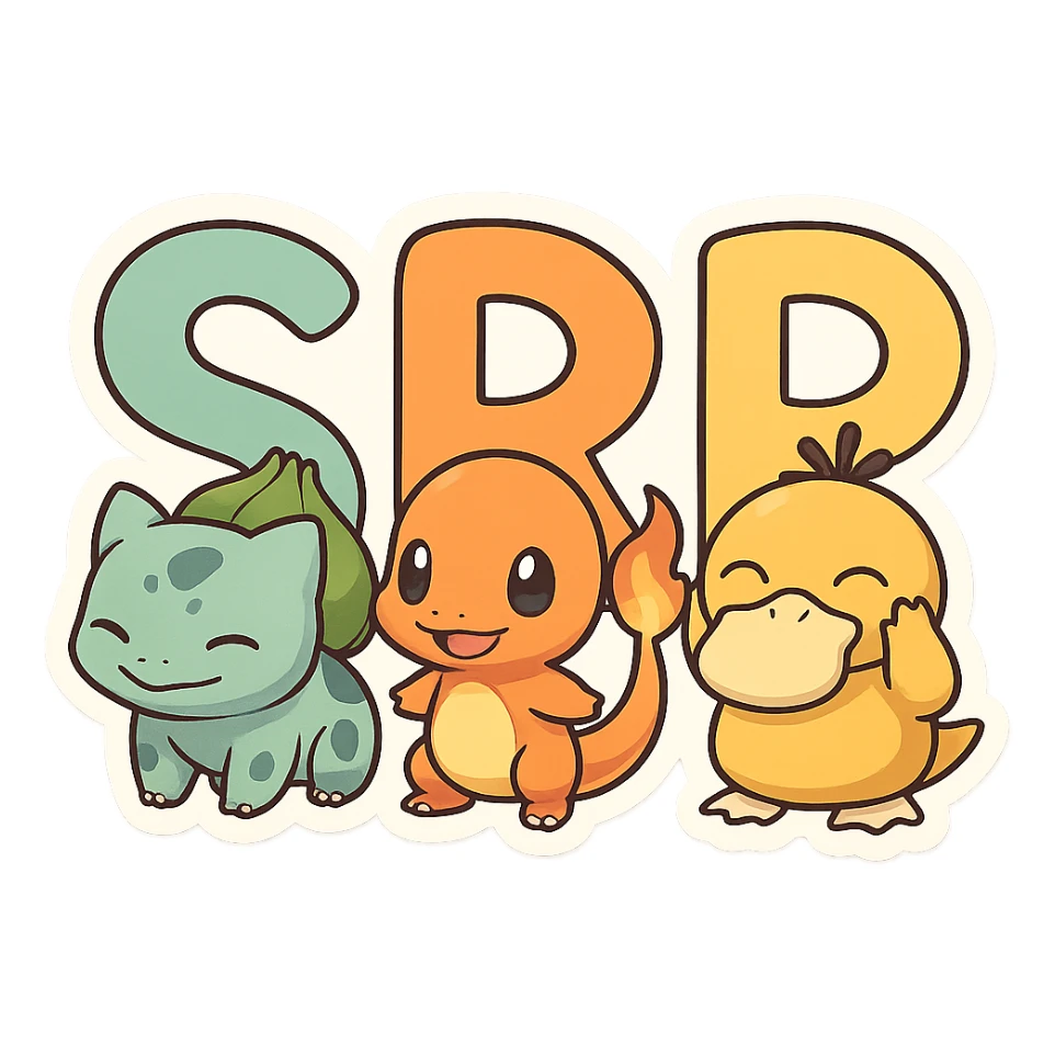 The letters SRP together, each letter made from different Pokémon characters, vibrant and fun, playful and colorful style sticker