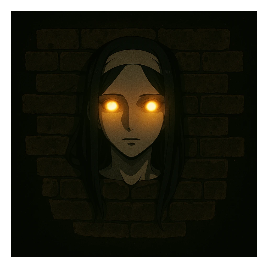 Add glowing eyes to Nigredo's face emerging from the brick wall, mysterious and slightly eerie, anime style. Maintain the anime style with a mysterious and slightly eerie atmosphere while adding glowing eyes. sticker