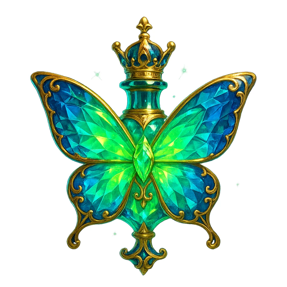 luxurious crystal butterfly-shaped bottle with short neck and crown, green (#c0ff53) and blue colors, more glowing, ornaments, decorations, magical effects, golden details, premium class, transparent background, beautiful connected bottom, bottle clearly floating in air, no base or shadow, very similar to original sticker