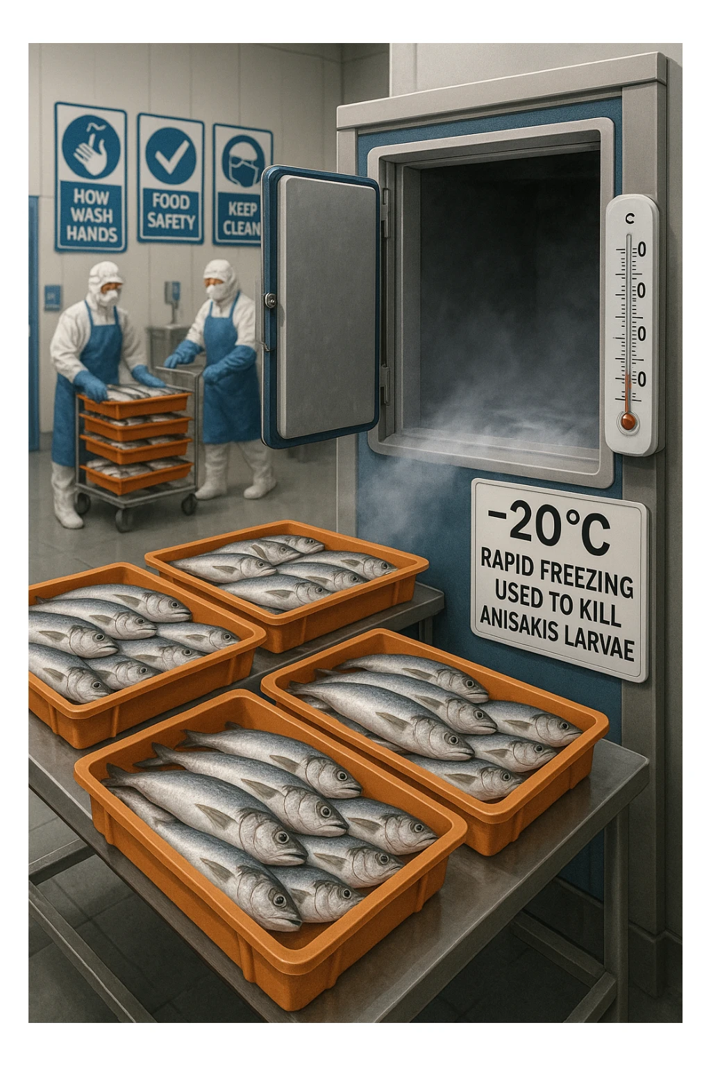 a fish processing facility where freshly caught fish are placed on trays and moved into a large industrial freezer. A temperature gauge shows -20°C, and an educational label explains that rapid freezing (abbattimento) is used to kill Anisakis larvae. The background includes workers in protective clothing and clear signage about food safety. in italiano sticker