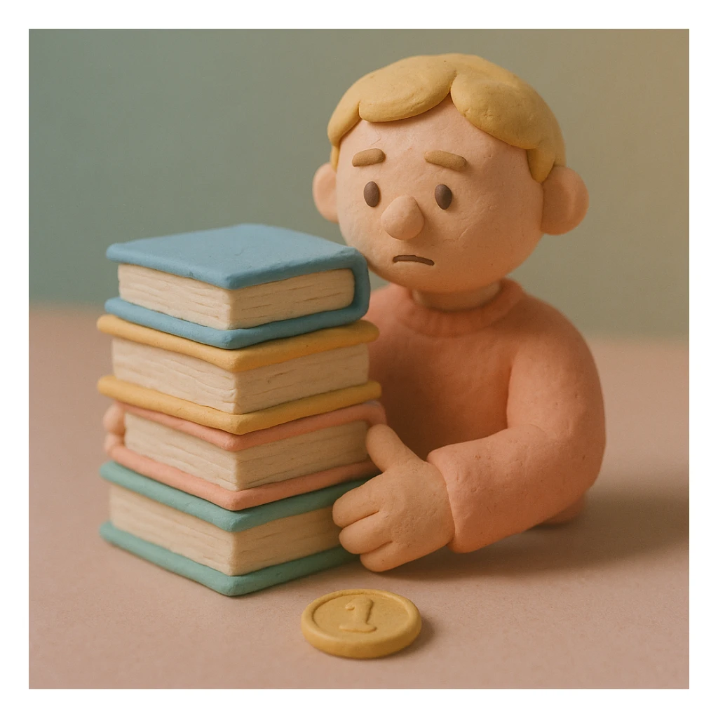 A student with a stack of textbooks and a single coin, in a pastel palette sticker