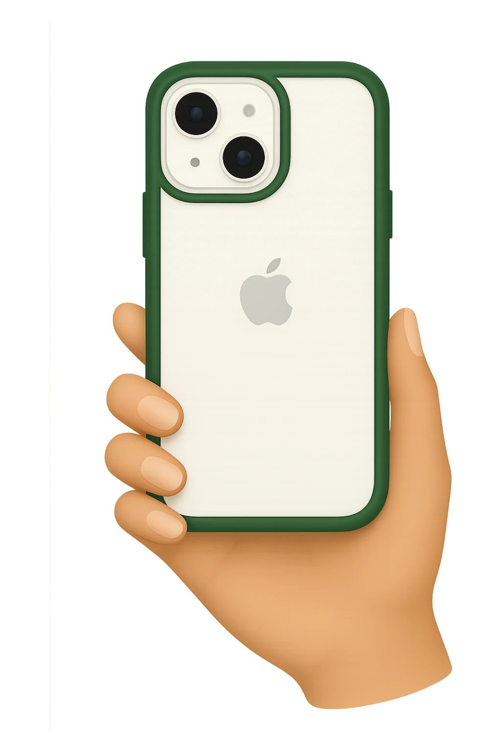 Modern minimalist style image of a white iPhone with a dark green case, viewed from the back, held by a female hand with nude manicure, in emoji style, no emojis included. sticker