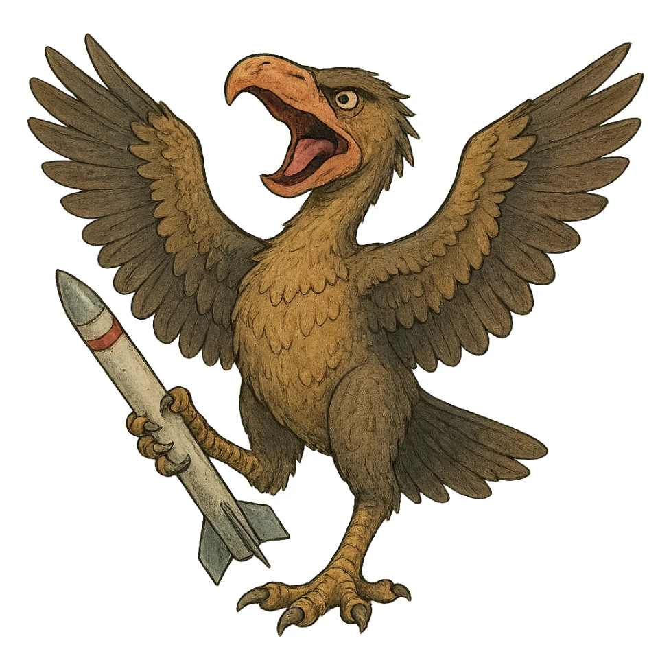 an insignia for a flag: a strange foreign alien bird creature, resembling a prehistoric phorusrhacos, gripping a sidewinder missile in its' powerful claw, standing up on its' other claw, cawing fiercely, wings spread in defiance.
 sticker