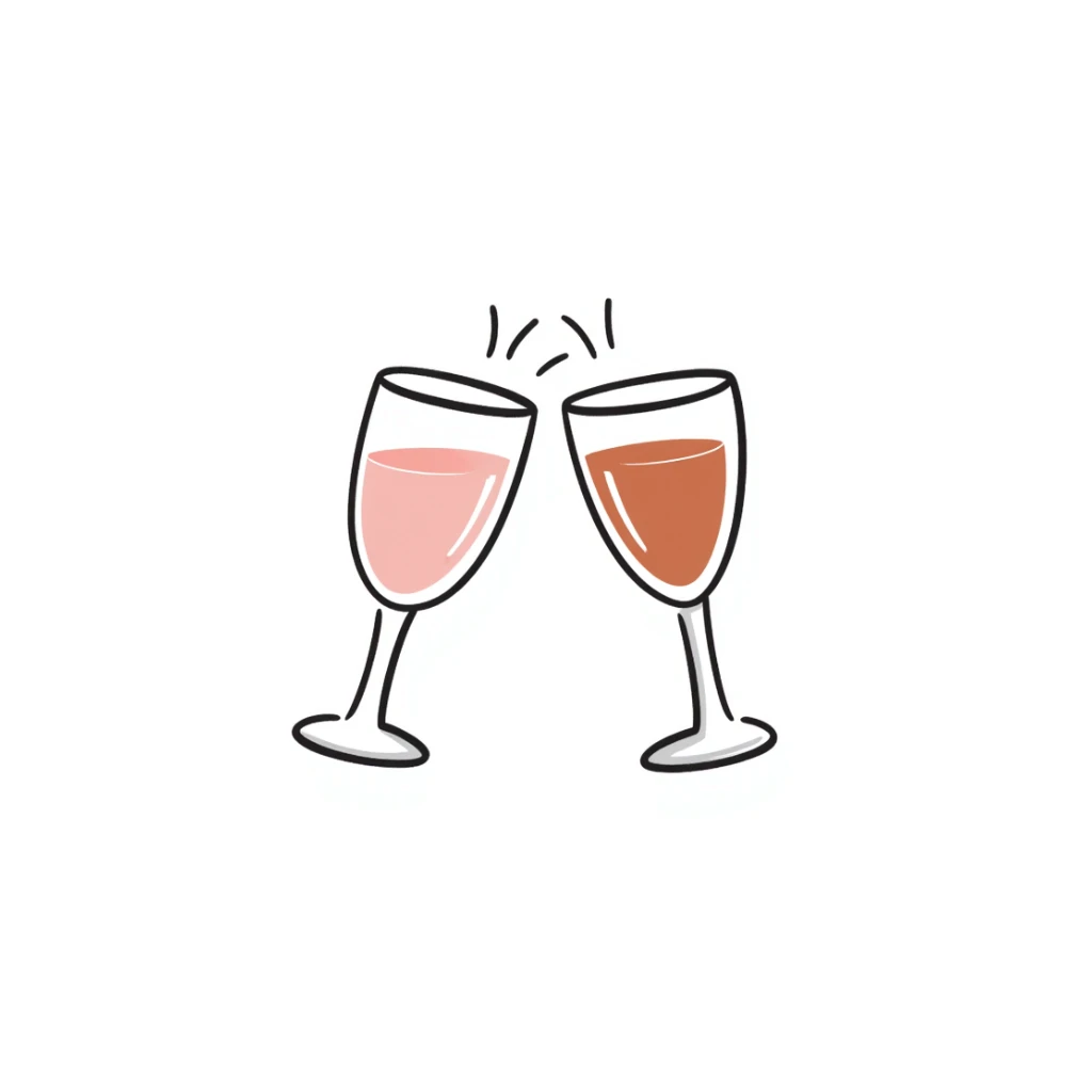 a pair of elegant goblets or wine glasses clinking together, pastel colors dd9fb0, ffc6d3, a3bfc9, c4bee2, f1b091, detailed hand-drawn doodle style sticker