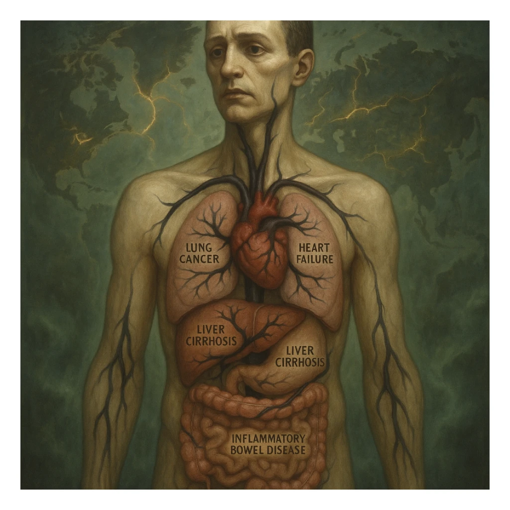 semi-realistic, allegorical style human figure with visible organs, black parasites branch to organs, each organ labeled with a disease name in small text, world map, glowing fissures, green mist sticker