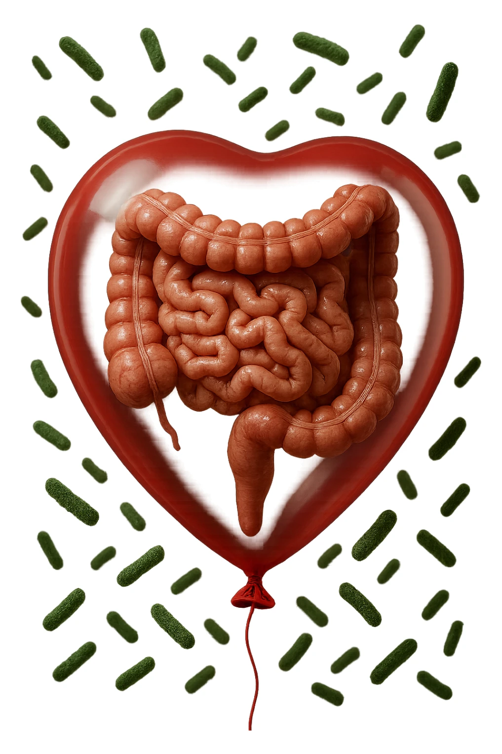 intestino umano anatomico chiuso in un palloncino rosso con batteri intestinali che fluttuano intorno, iperrealistico 4k sticker