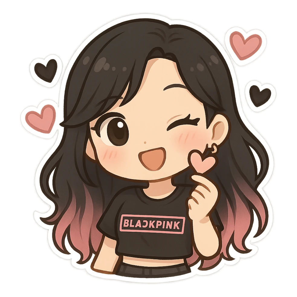 BLACKPINK-inspired chibi sticker, black and pink heart, cute and expressive, chibi style sticker