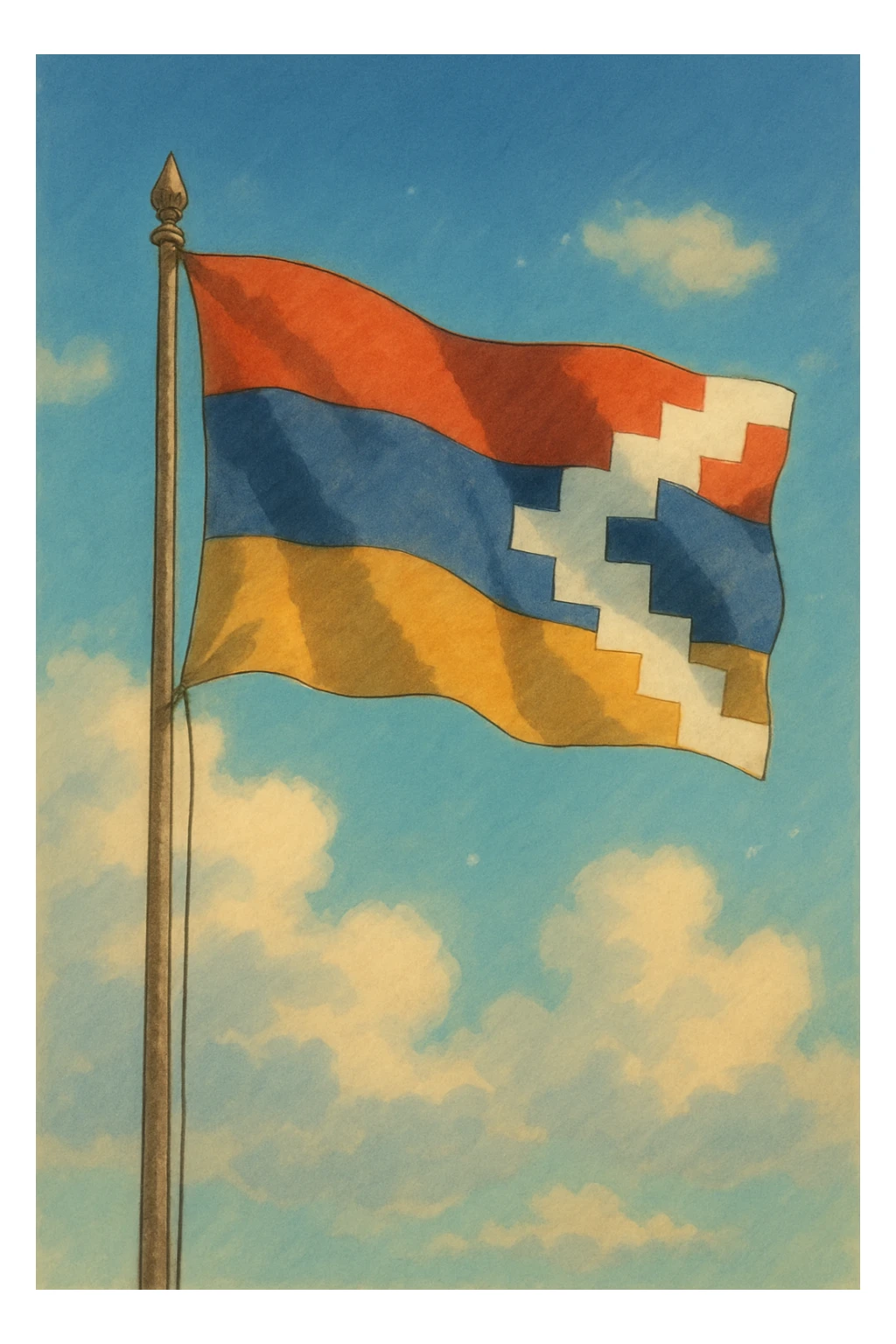 animated flag of Artsakh, fluttering, with a subtle shadow, ghibli-inspired style sticker
