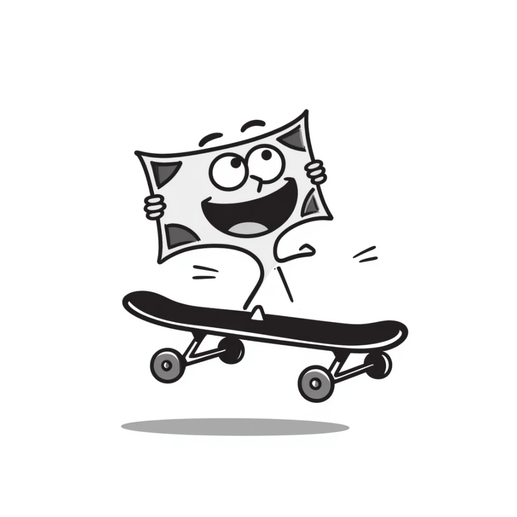 a hand drawn doodle of money riding a skateboard sticker