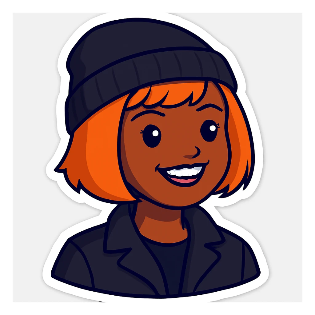 Make the sticker style image have a black beanie on her head and make her wear a black jacket sticker