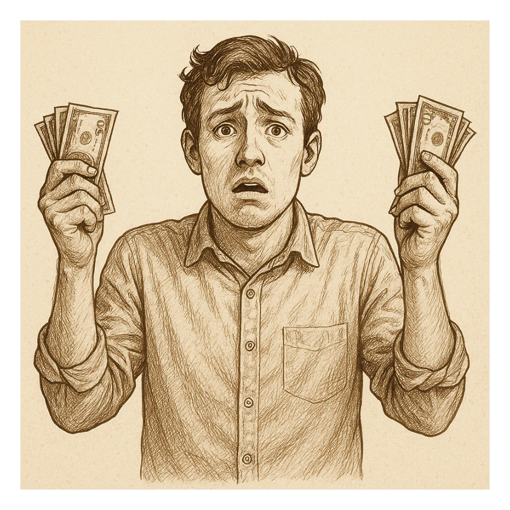 a person with a confused expression, hands up in the air, holding money, looking helpless, detailed illustration sticker