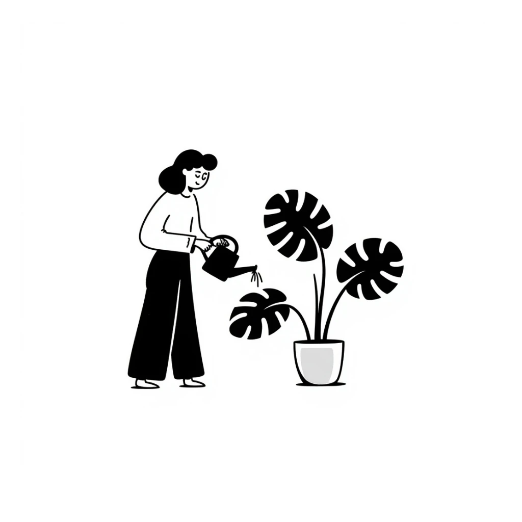 woman watering her monstera plant sticker